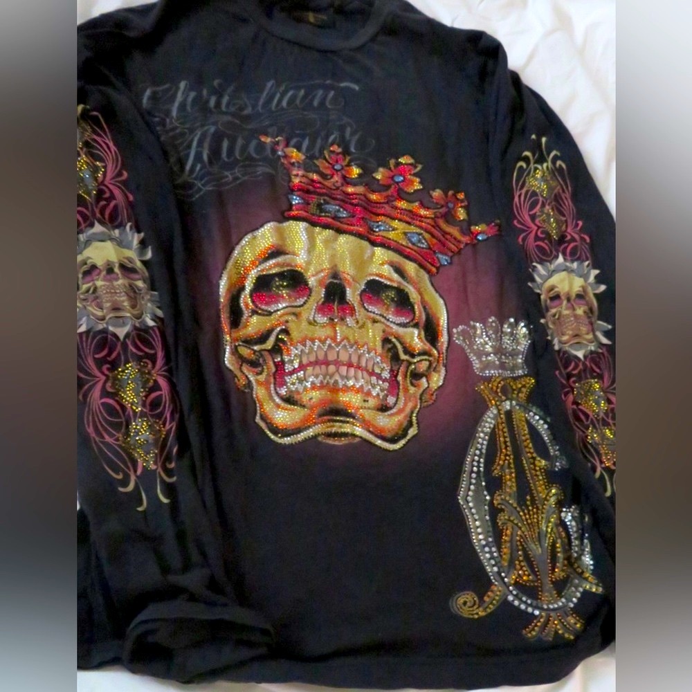 Men’s Christian Audigier Rhinestone Skull Black Long Sleeve T-shirt Size Large